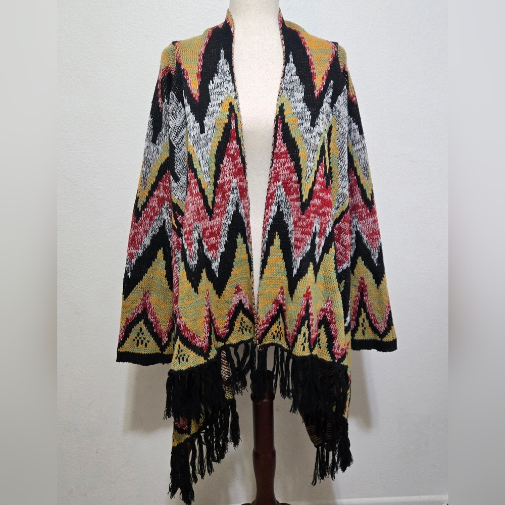 WOVEN HEART Boho Chic Zig Zag Fringe Cardigan Open Front Sweater Size XL